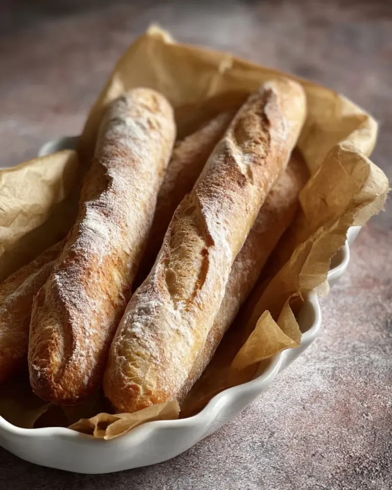 Freshly baked baguette resting on a wooden cutting board