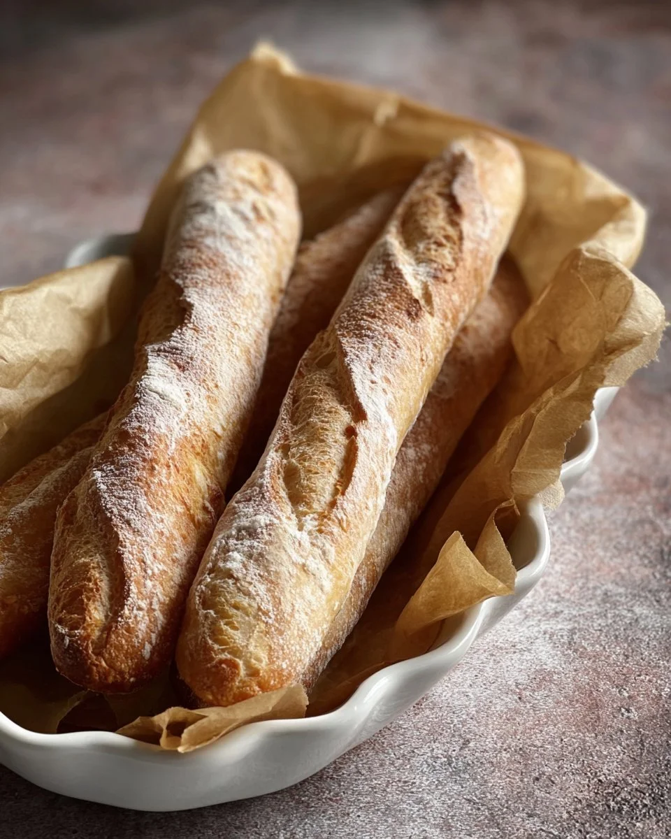 Freshly baked baguette resting on a wooden cutting board