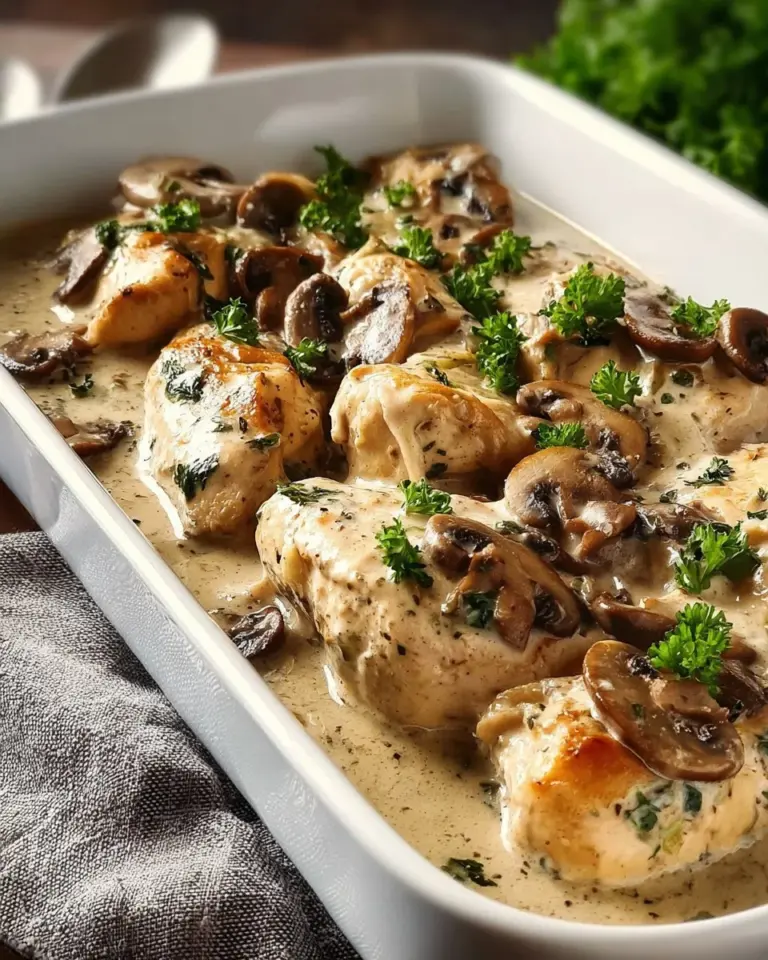Delicious Baked Chicken Stroganoff served in a bowl with herbs and noodles