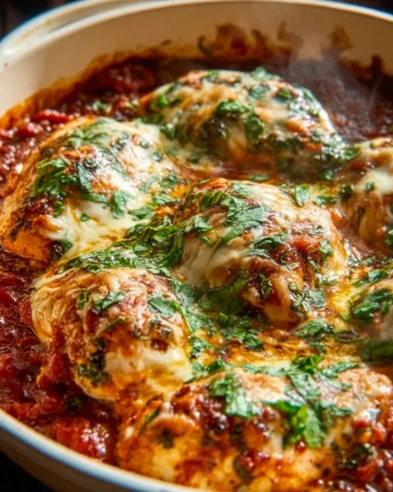 Baked Tuscan chicken casserole topped with herbs and cheese