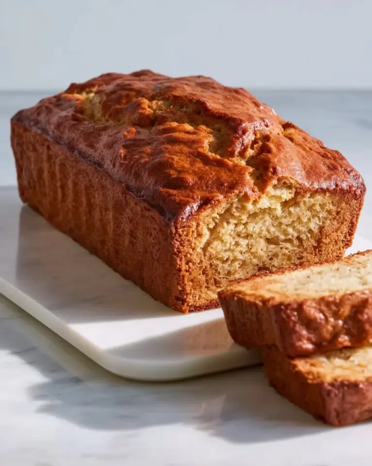 Freshly baked banana bread loaf with sliced pieces on a wooden board.