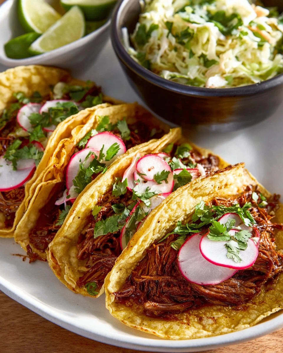 A plate of flavorful barbecue tacos with toppings and sauces