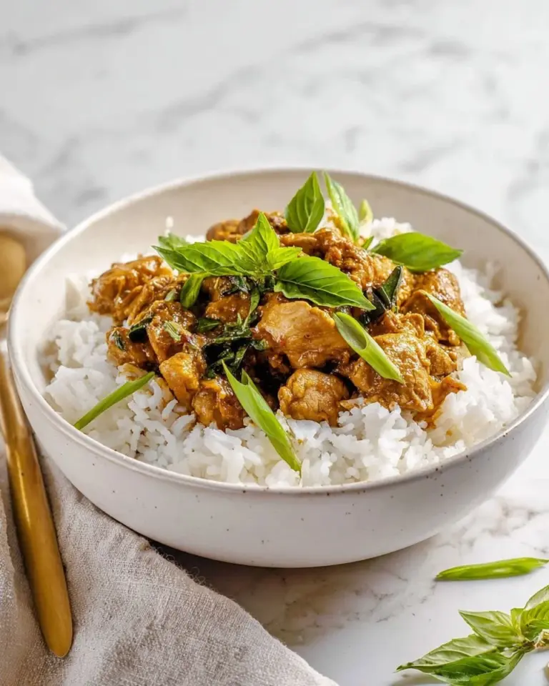 Basil Chicken served with creamy coconut curry sauce in a vibrant dish