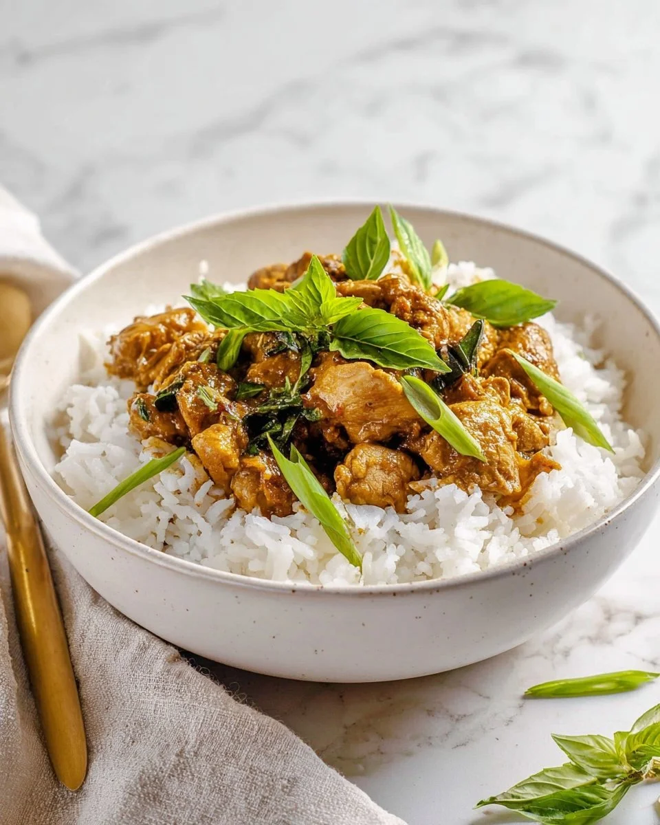 Basil Chicken served with creamy coconut curry sauce in a vibrant dish