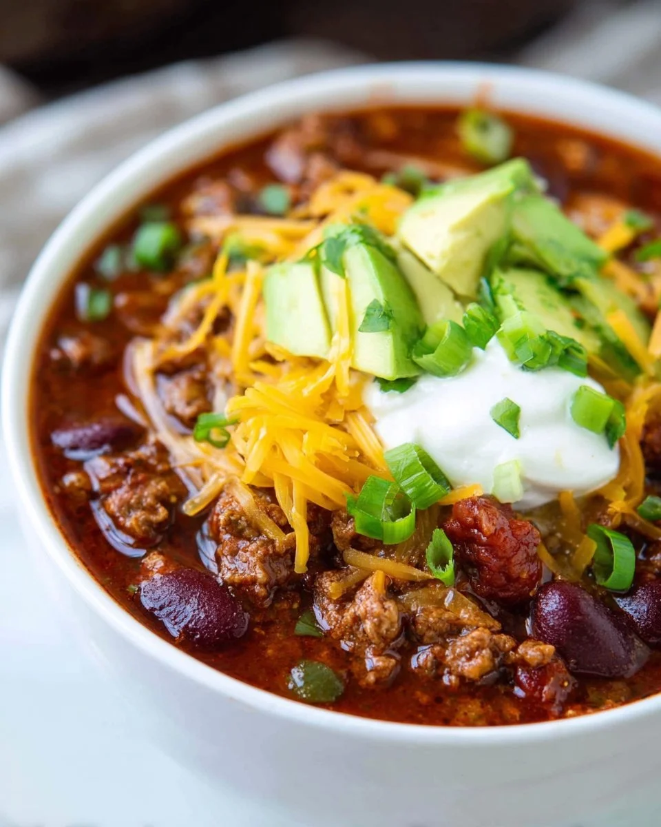 Delicious Beef and Beer Chili served in a bowl with toppings.