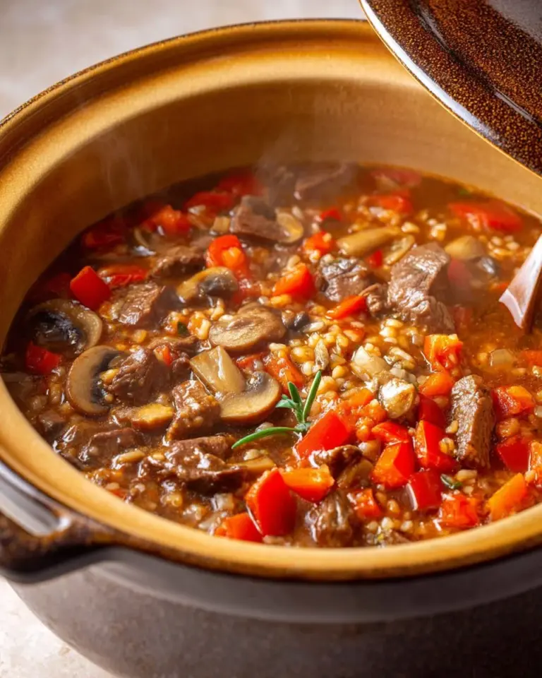 A bowl of delicious beef barley soup with vegetables and herbs