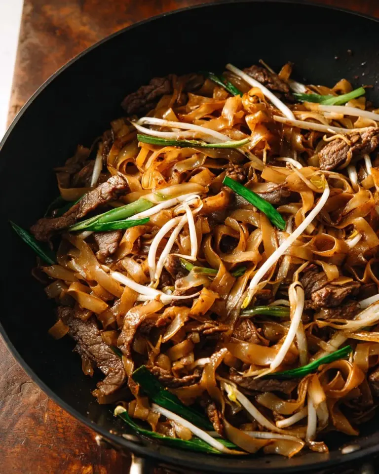 A plate of Beef Chow Fun with tender beef and fresh vegetables stir-fried with wide rice noodles.