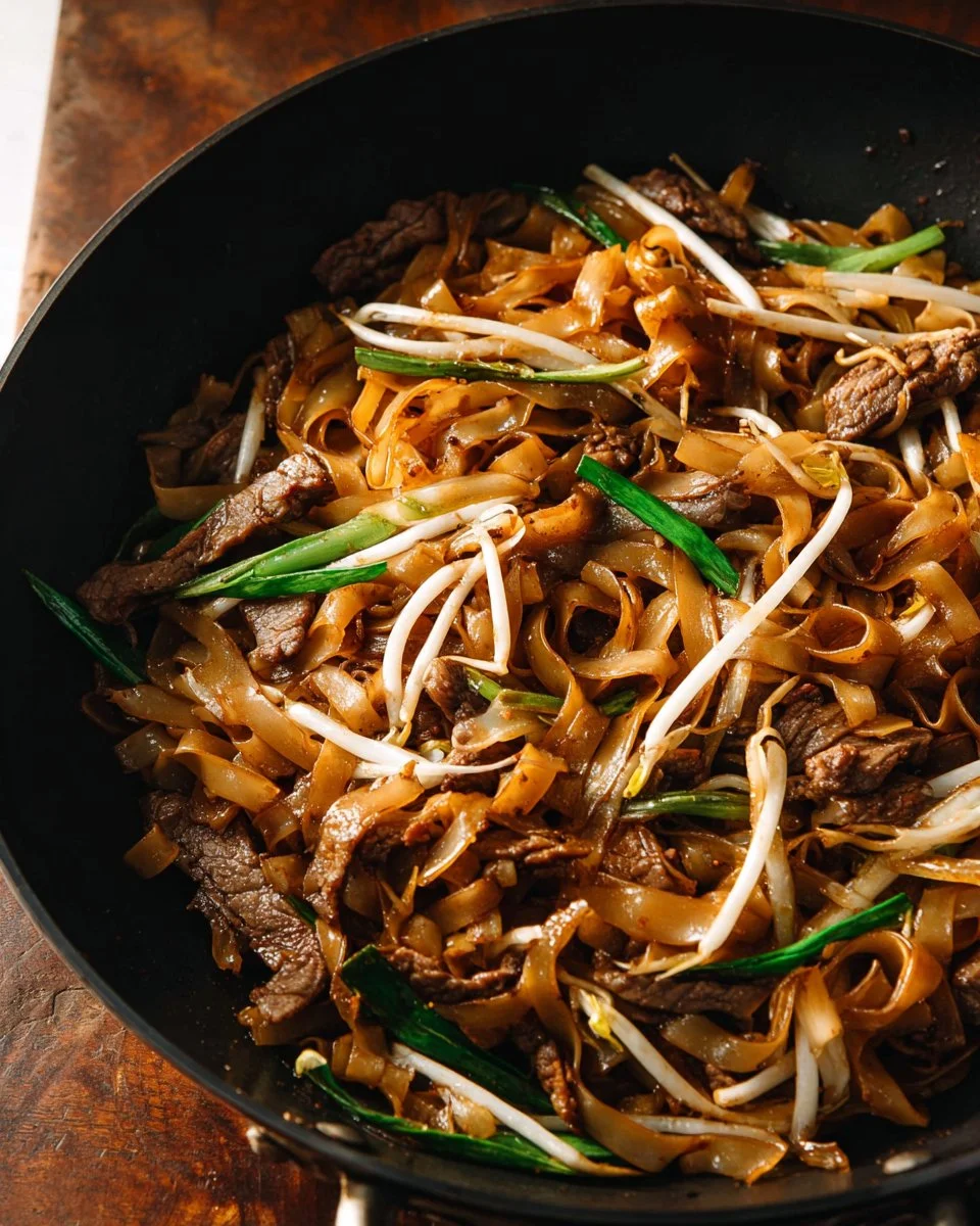 A plate of Beef Chow Fun with tender beef and fresh vegetables stir-fried with wide rice noodles.