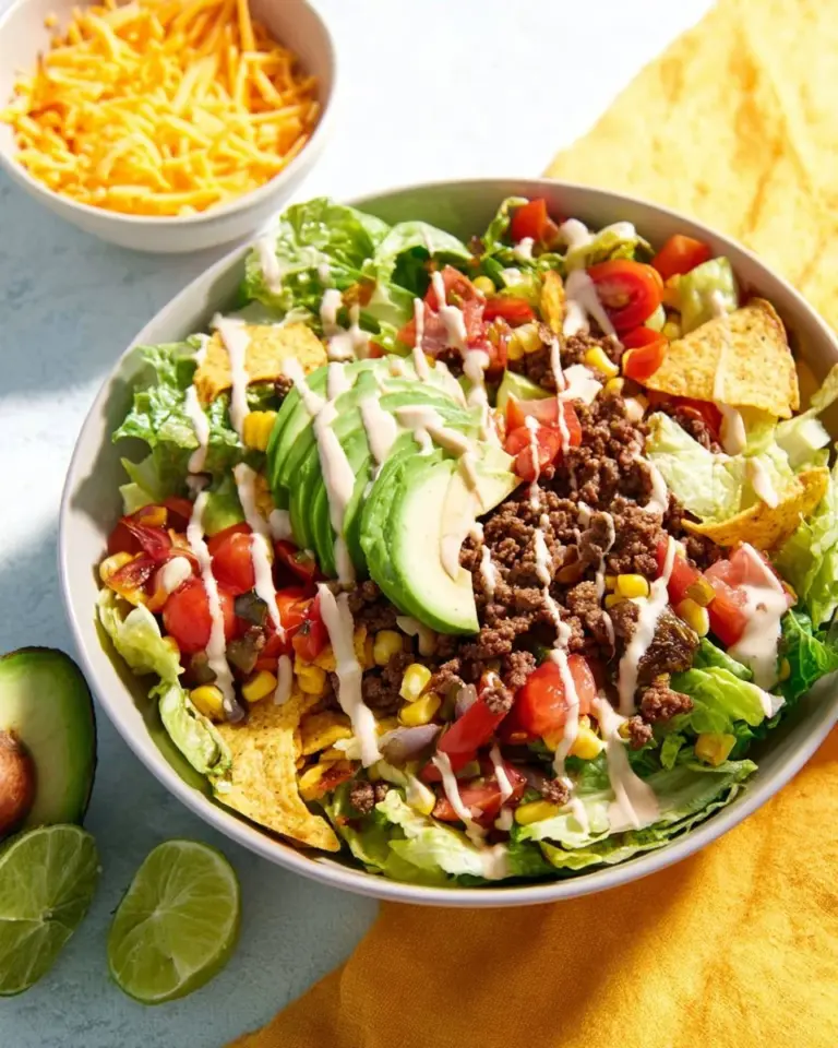 Beef taco salad with chipotle ranch dressing served in a bowl