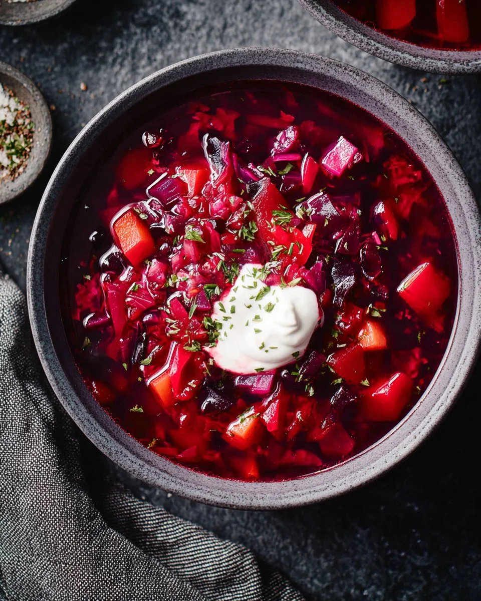 Bowl of vibrant beetroot soup with lentils garnished with fresh herbs