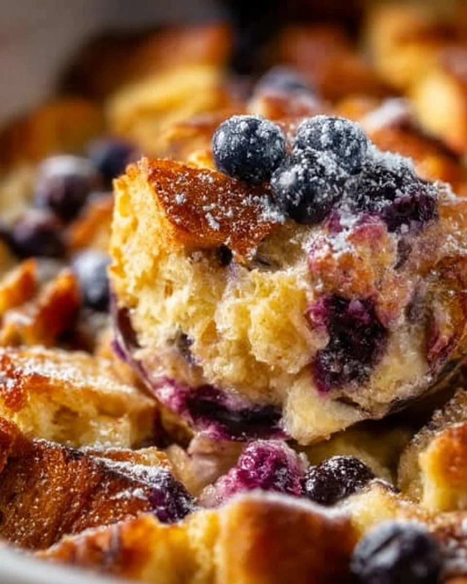 Delicious Blueberry Cream Cheese French Toast Casserole baked in a dish.