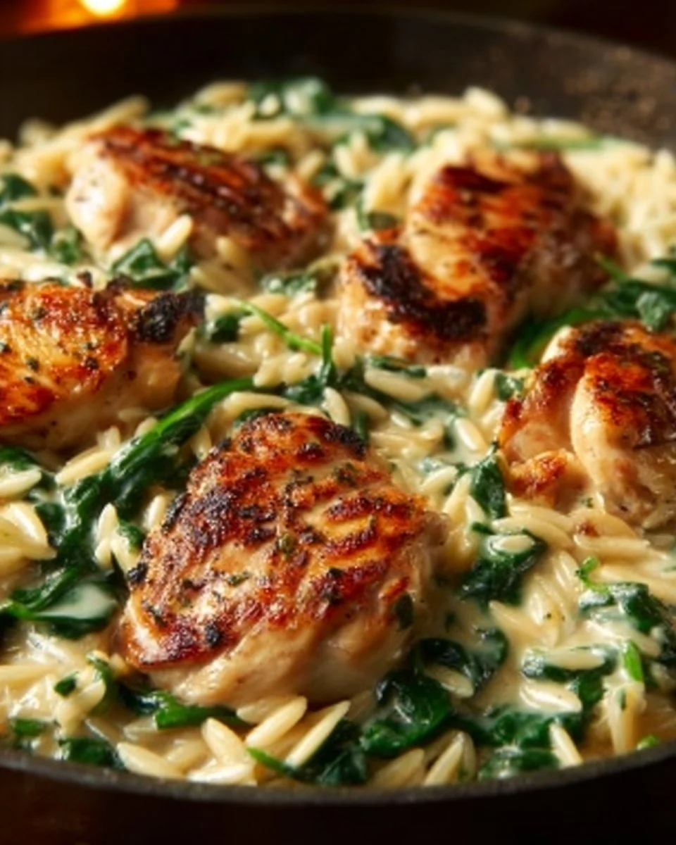 Boursin Orzo with Chicken dish garnished with herbs