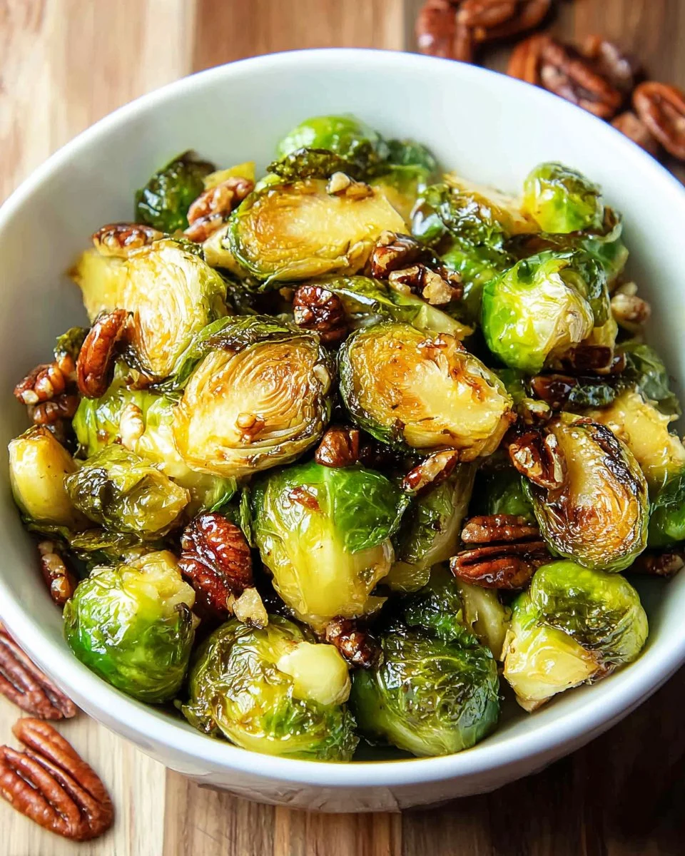 Plate of Brown Sugar Brussels Sprouts drizzled with caramel sauce and garnished.