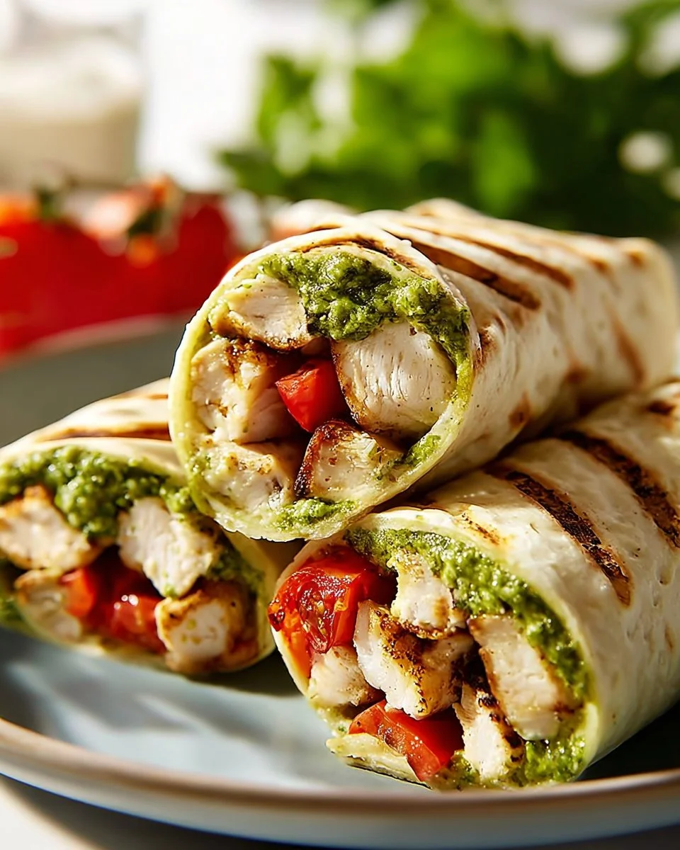 Delicious Bruschetta Chicken Pesto Wraps on a plate garnished with herbs