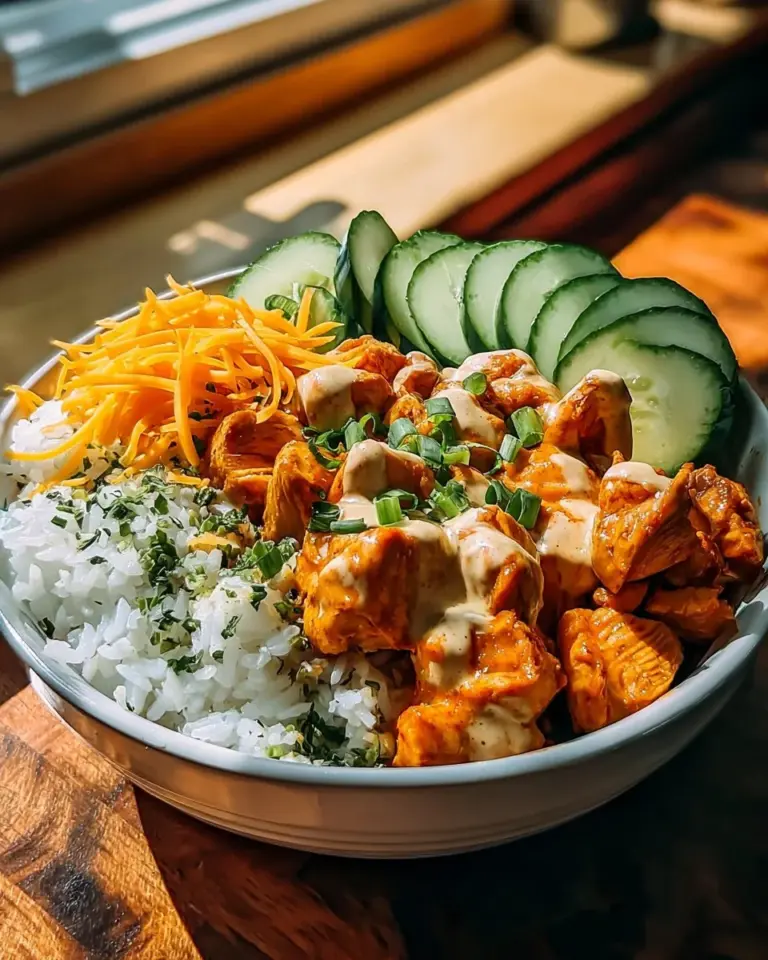 Delicious Buffalo Chicken Bowl topped with fresh vegetables and ranch dressing