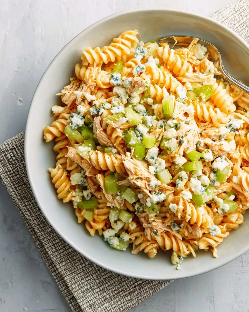 Buffalo Chicken Pasta Salad in a vibrant bowl, garnished and ready to serve.