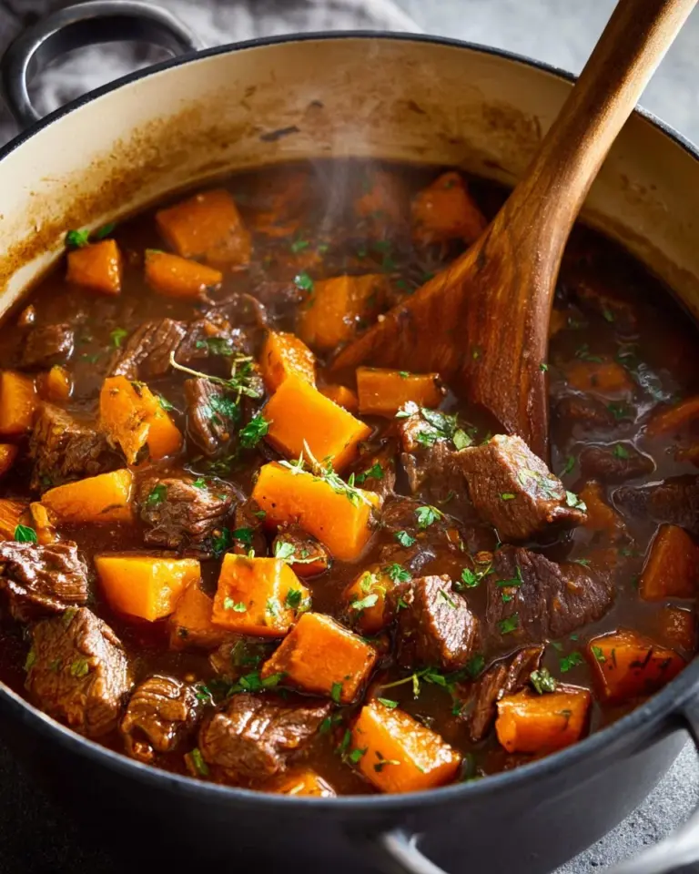 Delicious bowl of Butternut Squash Beef Stew garnished with herbs