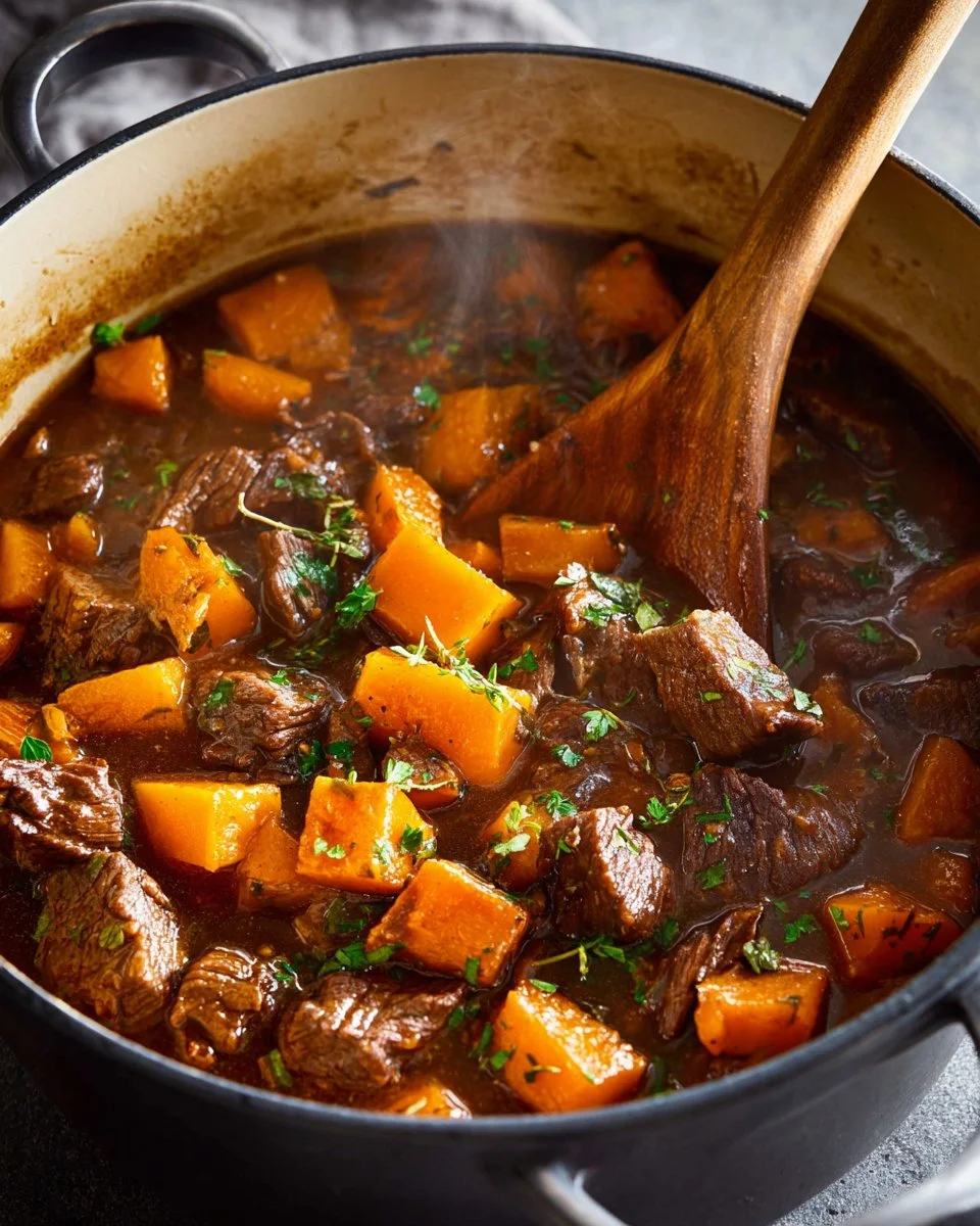 Delicious bowl of Butternut Squash Beef Stew garnished with herbs