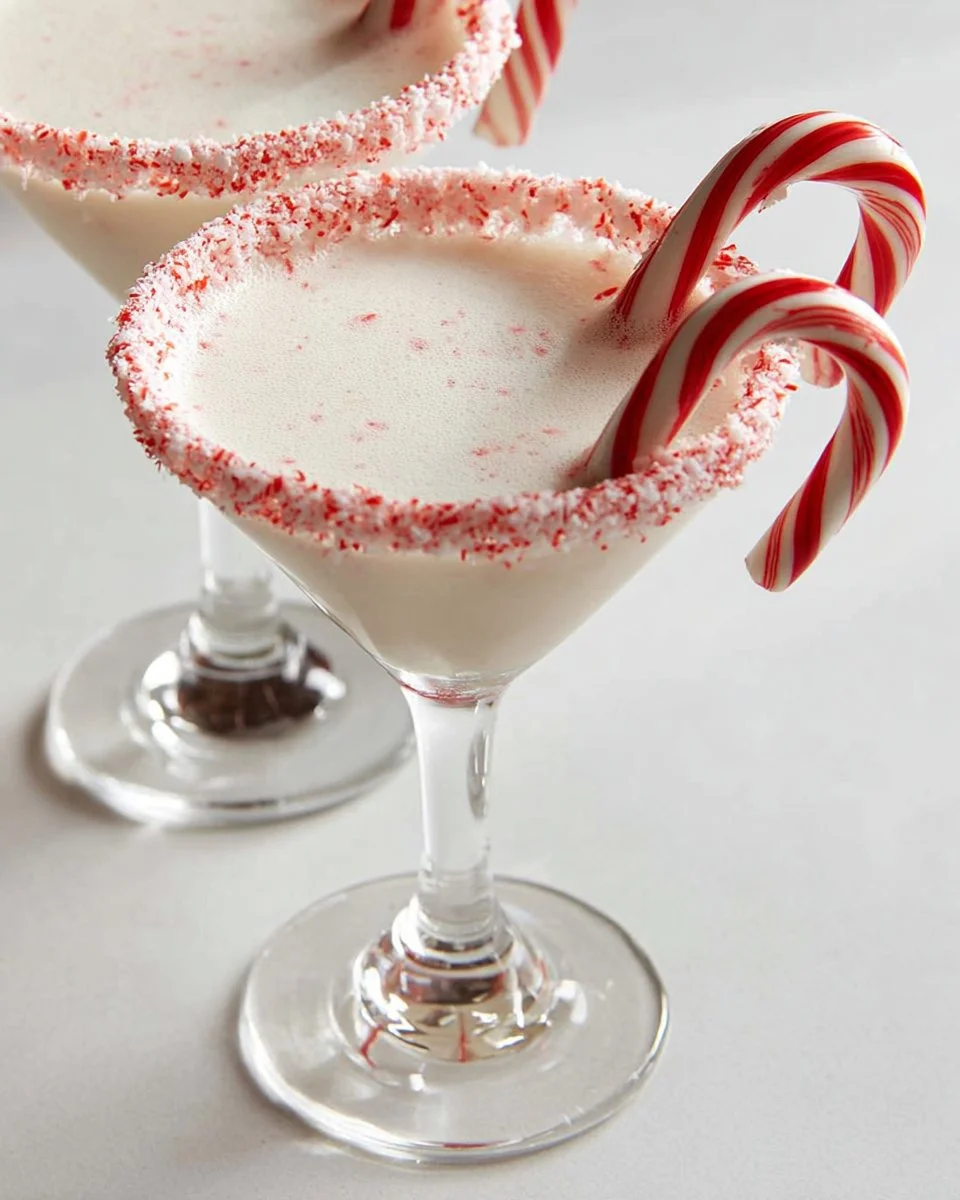 A festive Candy Cane Martini garnished with peppermint and candy cane on a holiday table.