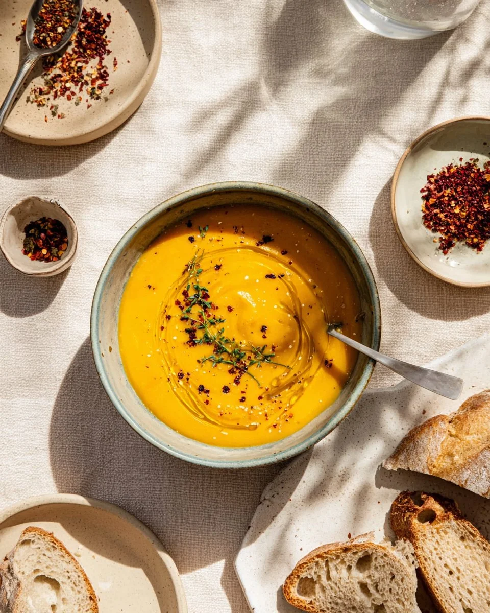 Bowl of creamy Carrot and Parsnip Soup garnished with fresh herbs.