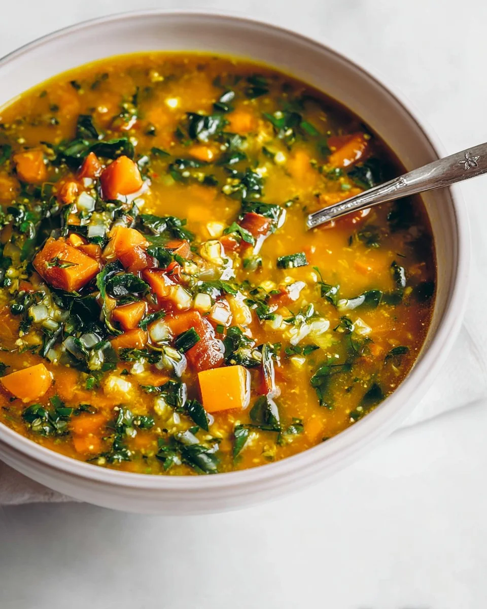 A bowl of Carrot, Red Lentil, and Spinach Soup garnished with herbs.