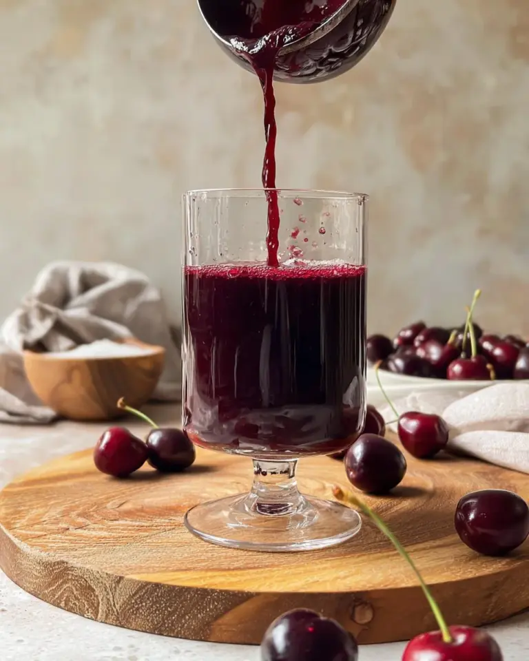 A glass of vibrant cherry juice surrounded by fresh cherries