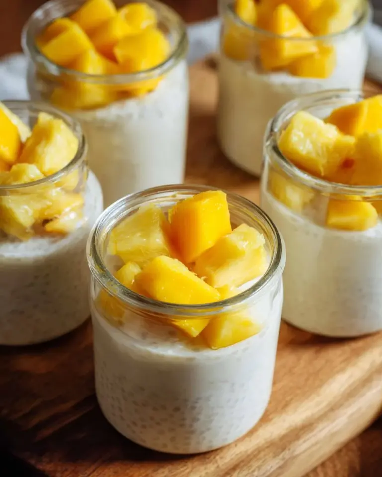 Chia pudding made with coconut milk in a glass bowl, topped with fresh fruits.