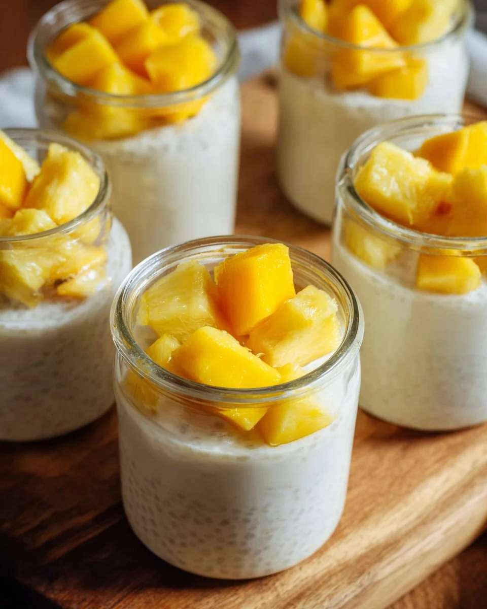 Chia pudding made with coconut milk in a glass bowl, topped with fresh fruits.