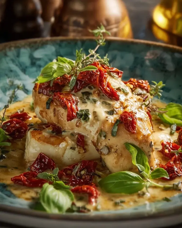 Plate of Chicken Bryan with sun-dried tomatoes and basil cream sauce