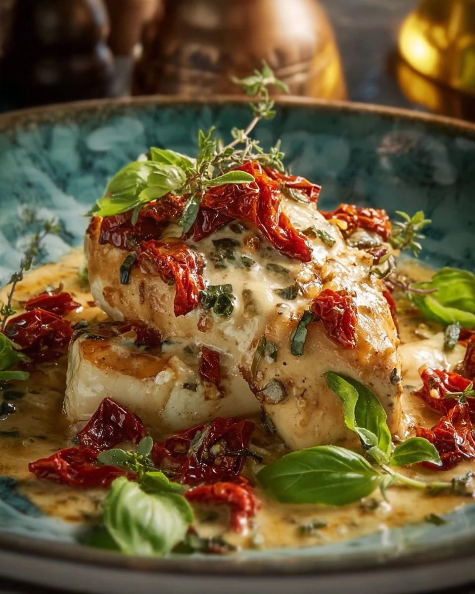 Plate of Chicken Bryan with sun-dried tomatoes and basil cream sauce