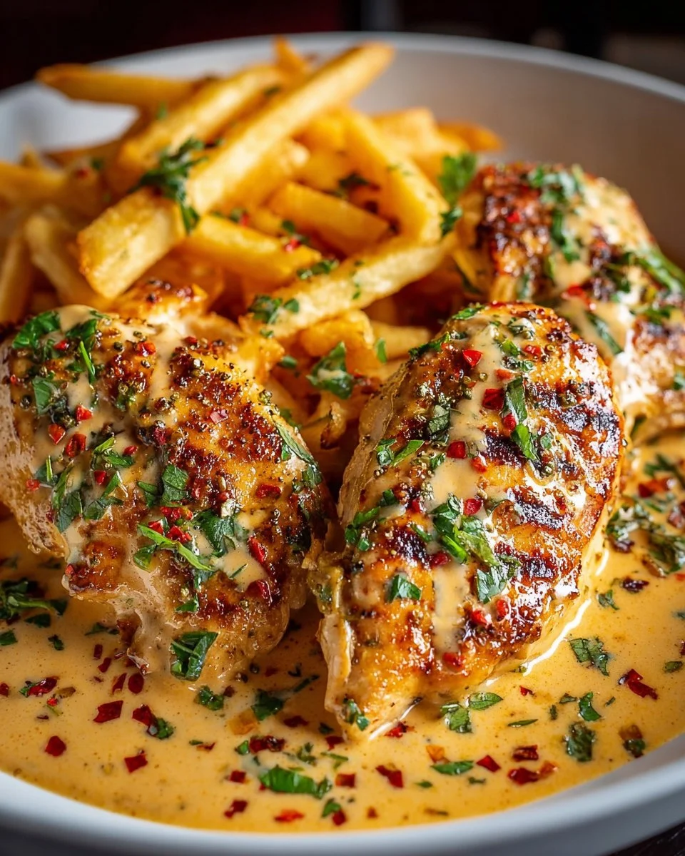 Chicken fillet in spicy creamy garlic parmesan sauce served on a plate