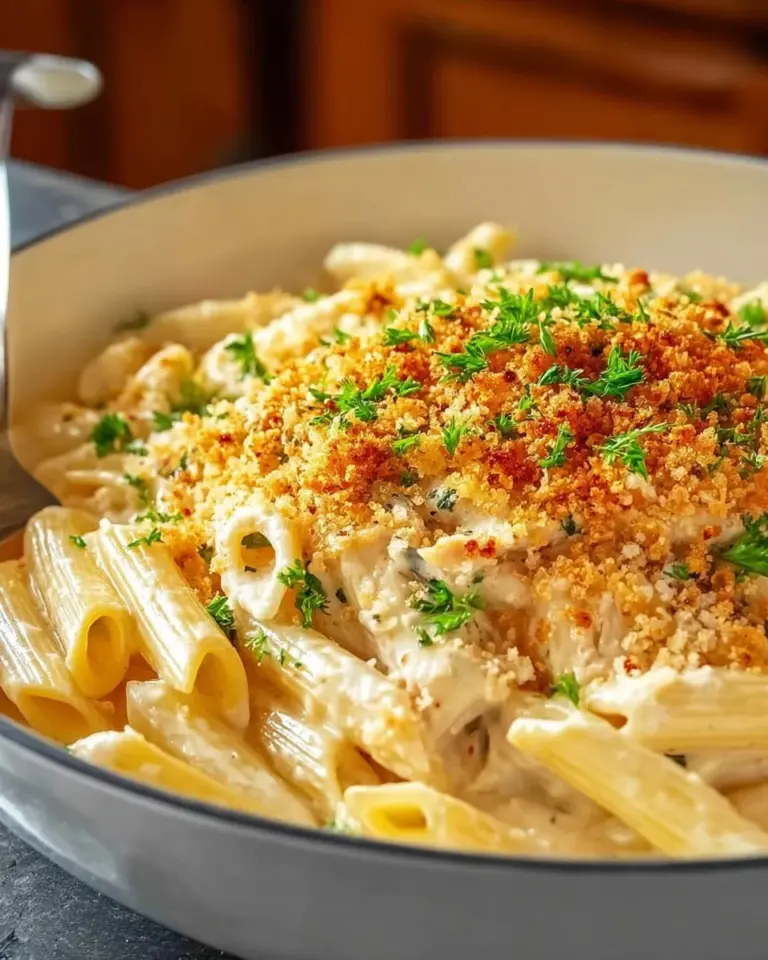 A plate of Chicken Kiev Pasta garnished with parsley and cheese.