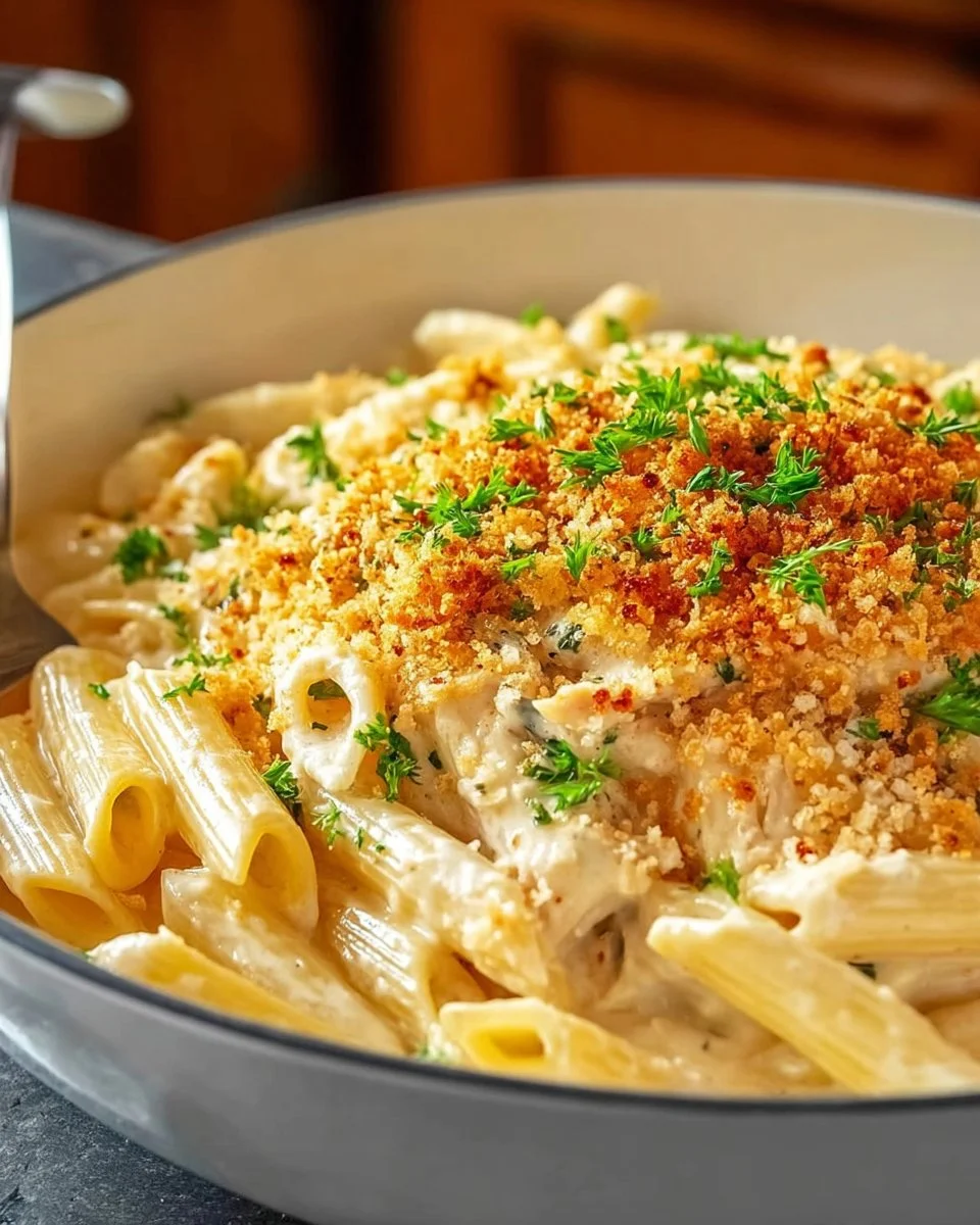 A plate of Chicken Kiev Pasta garnished with parsley and cheese.