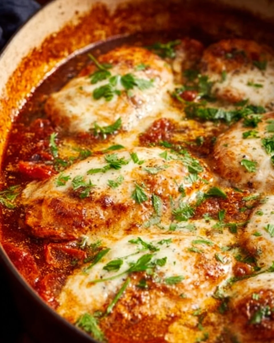 Delicious Chicken Mozzarella Bake topped with melted cheese and herbs