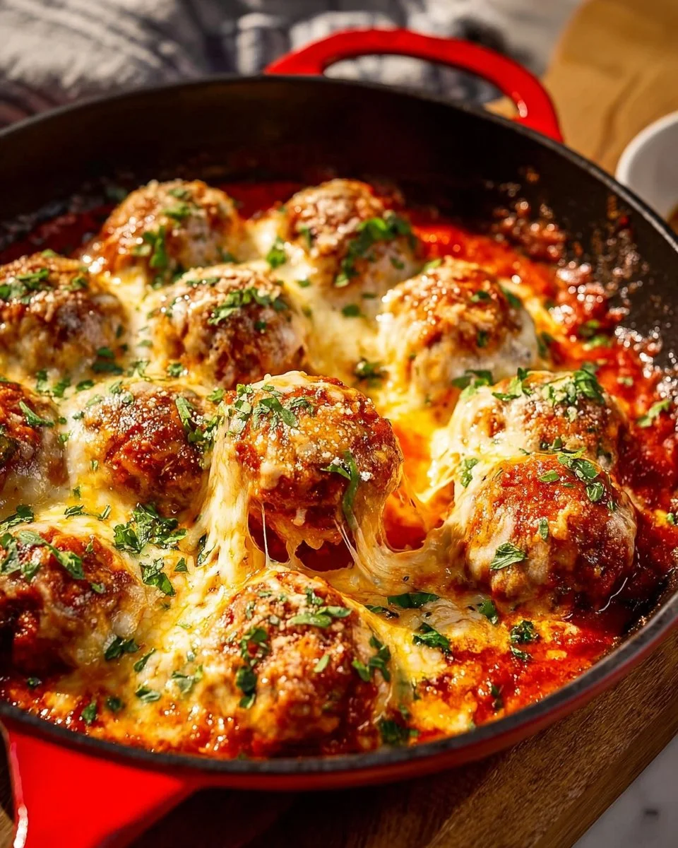 Delicious Chicken Parmesan Meatballs served with marinara sauce and cheese.