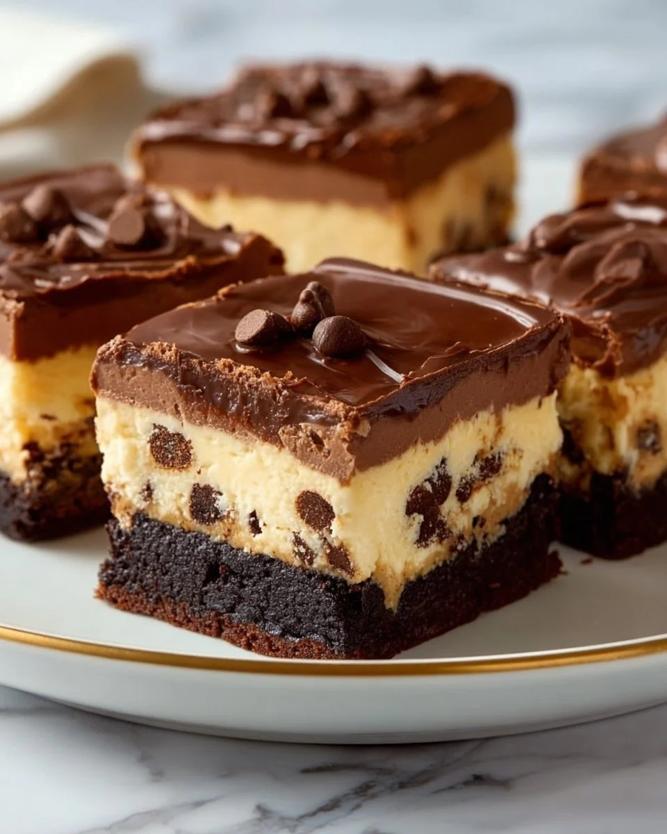 Delicious chocolate cookie dough cheesecake bars on a plate, perfect dessert treat.