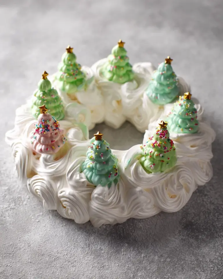 A beautiful Christmas Pavlova Wreath adorned with fruits and cream.