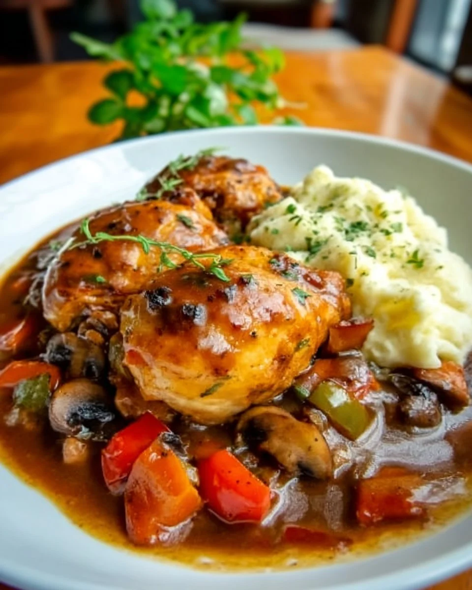 Delicious Chicken Chasseur, a classic French hunter's chicken dish served with herbs and wine.