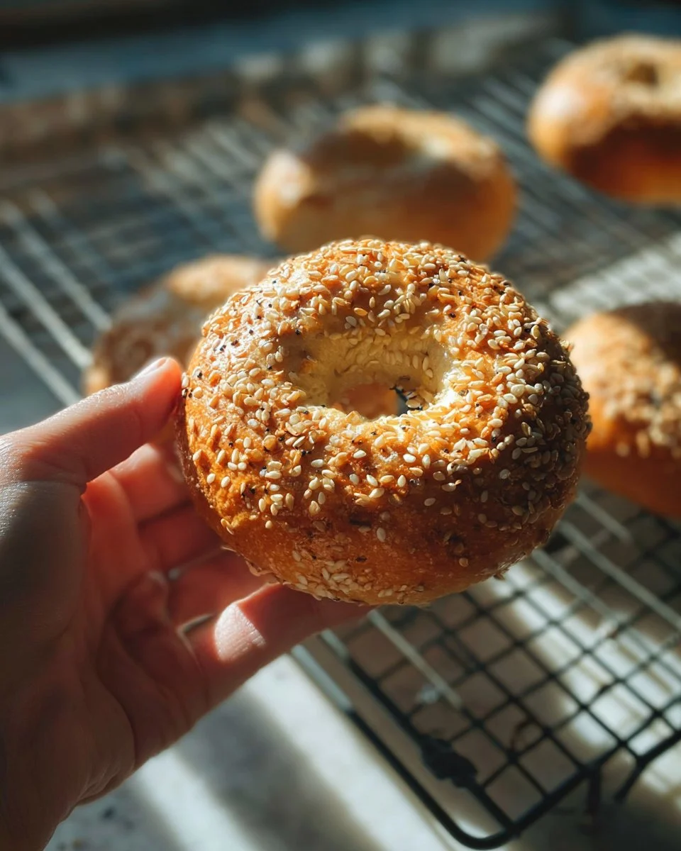 Homemade Cottage Cheese Bagels with toppings on a wooden board