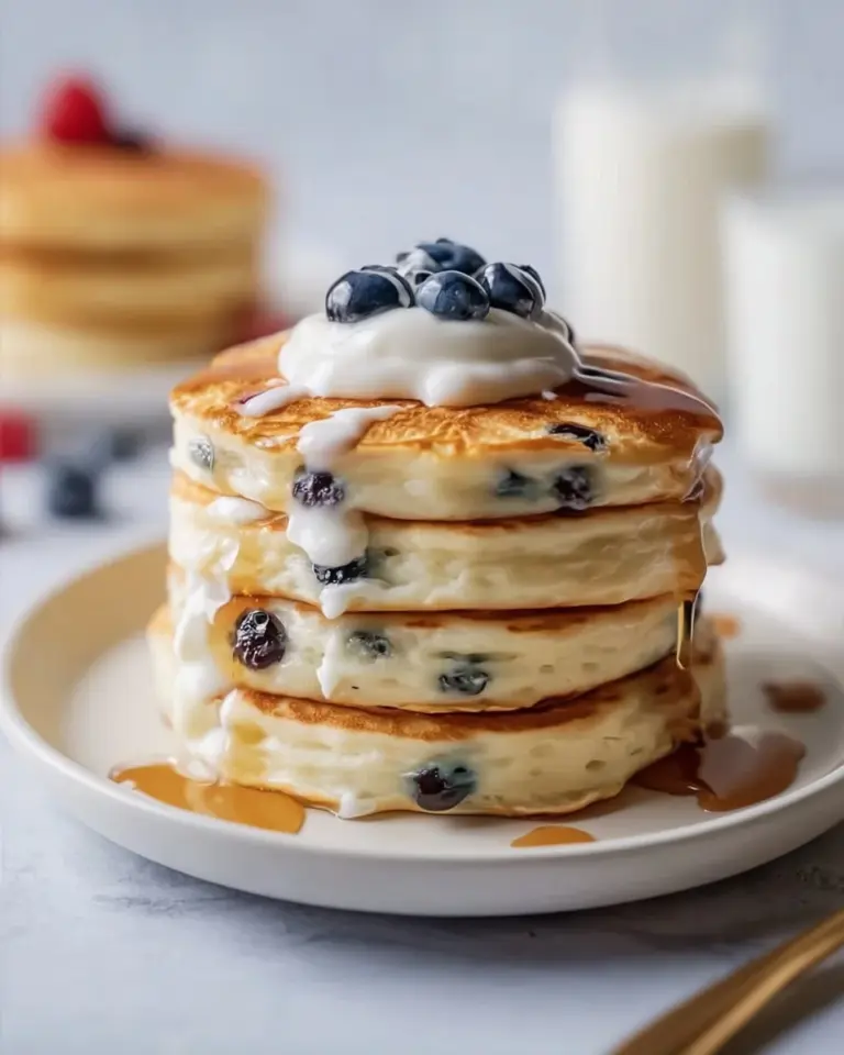 Fluffy cottage cheese blueberry pancakes topped with fresh blueberries and syrup