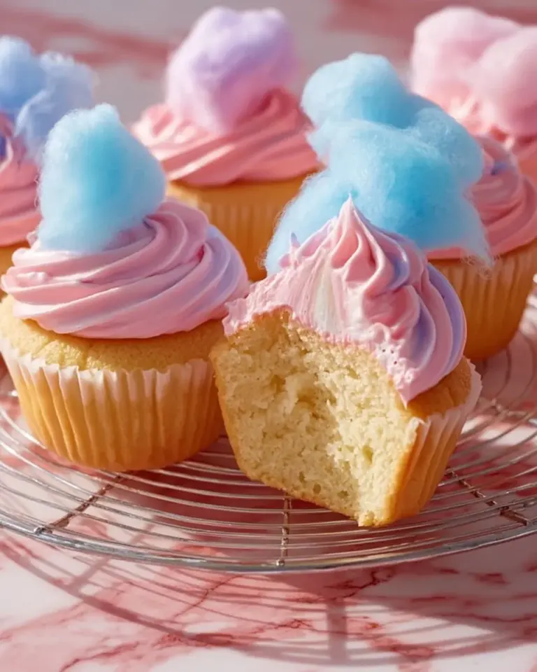 Delicious cotton candy cupcakes topped with vibrant blue and pink frosting