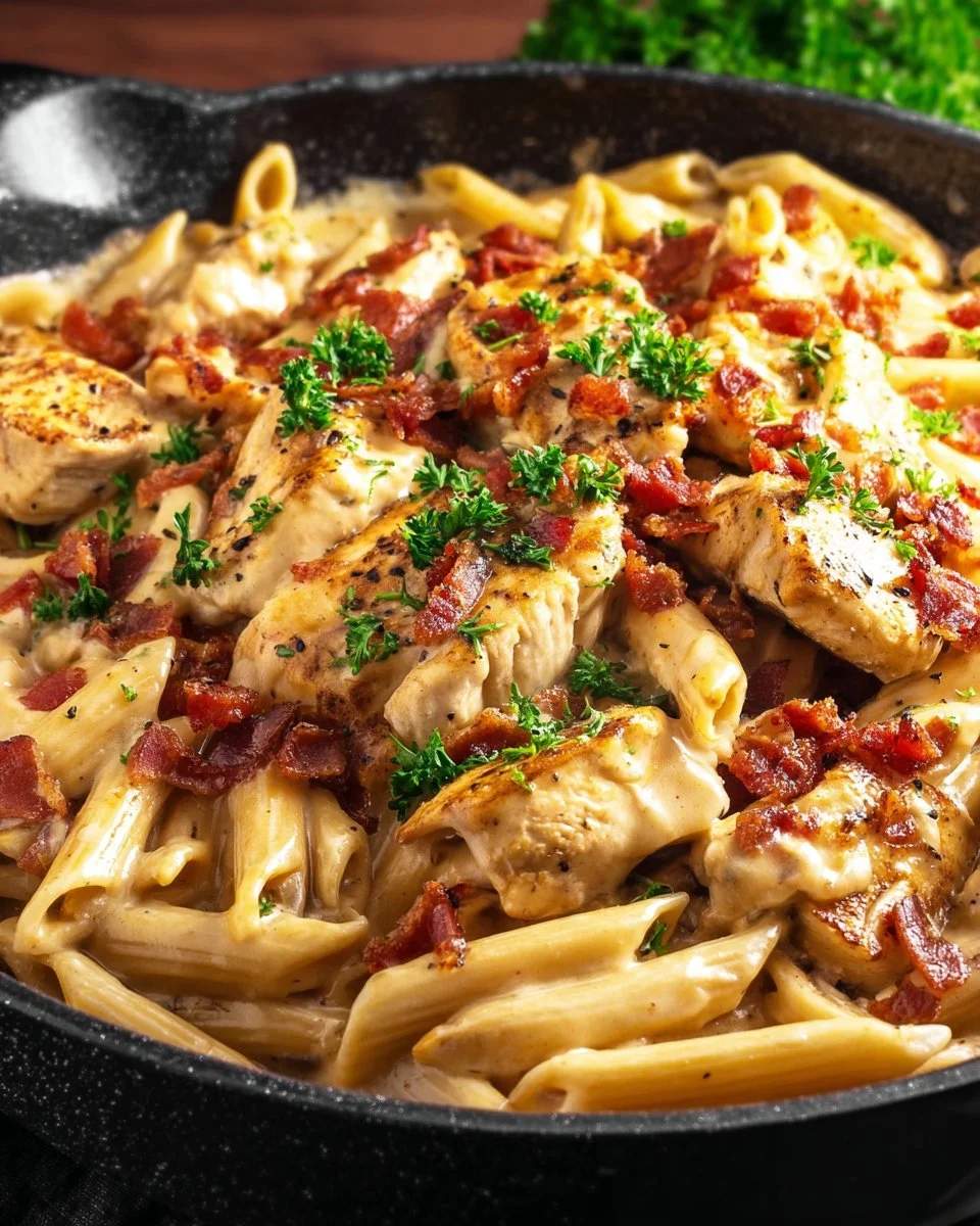 Creamy Crack Chicken Penne with herbs and spices served on a plate