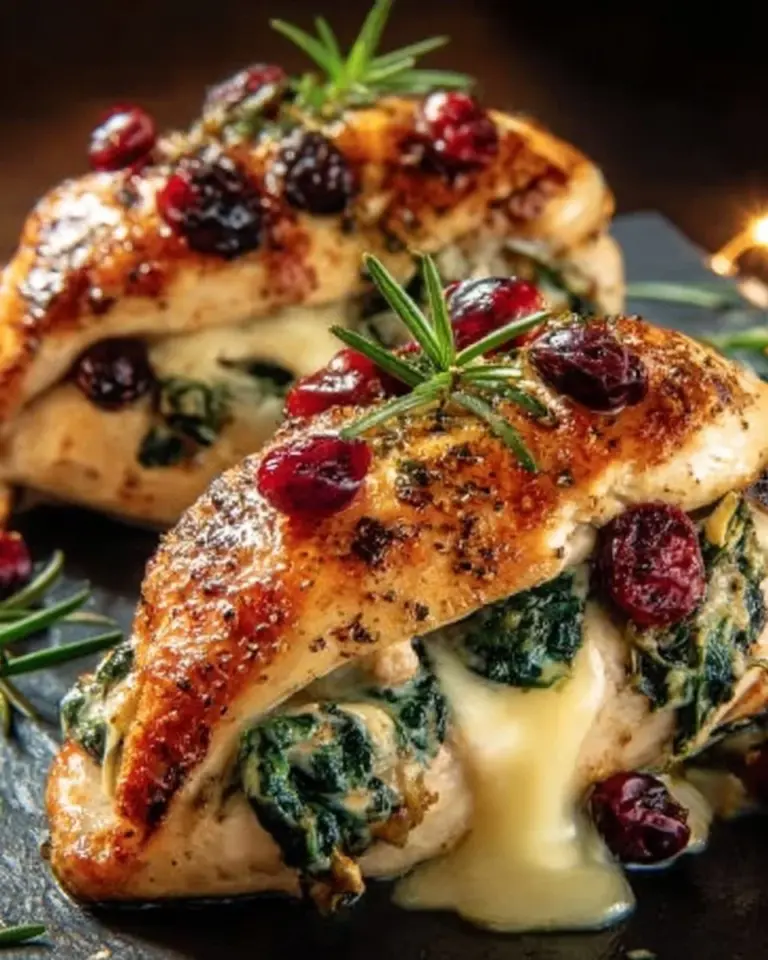 Cranberry and Spinach Stuffed Chicken Breasts with Brie on a plate