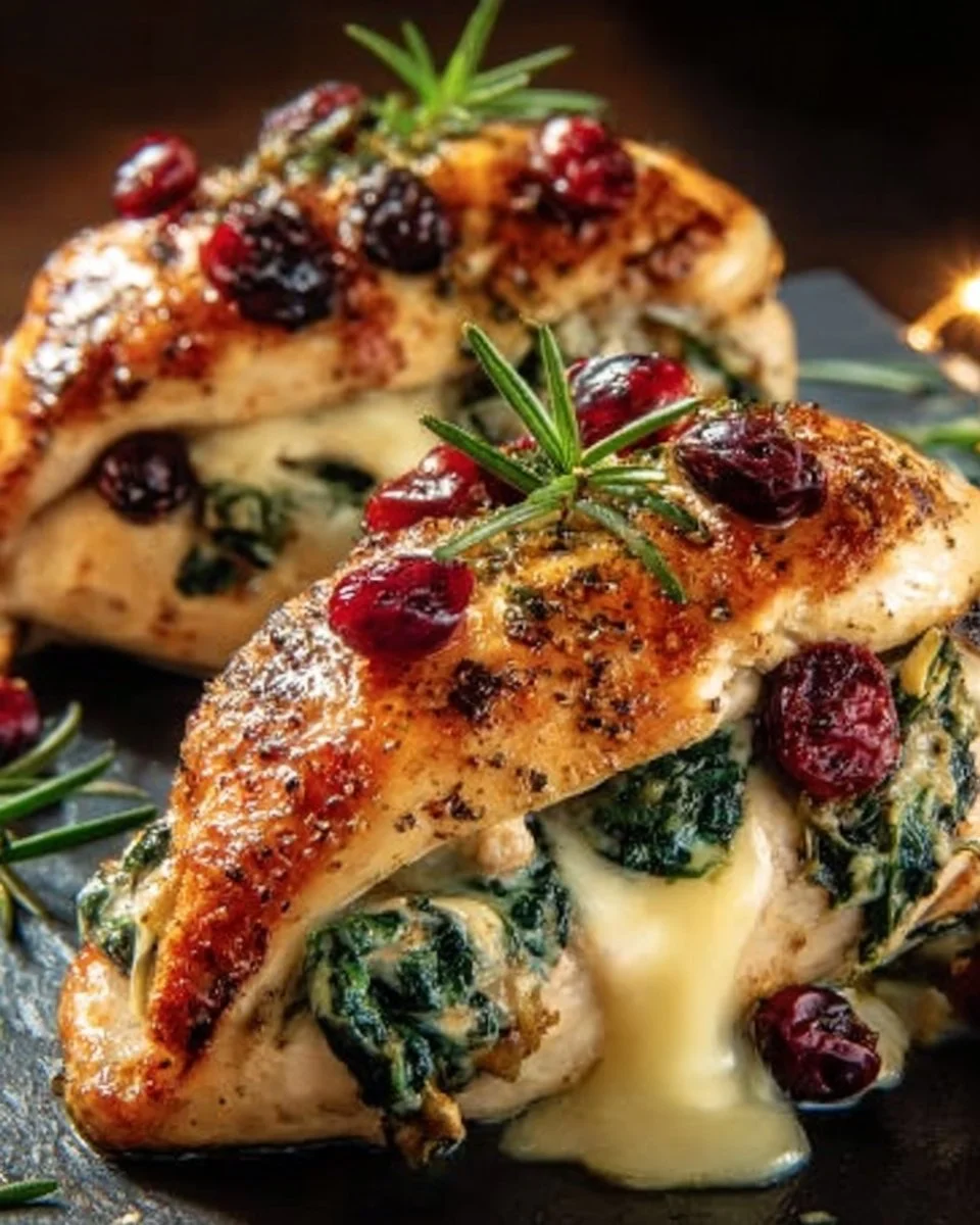 Cranberry and Spinach Stuffed Chicken Breasts with Brie on a plate
