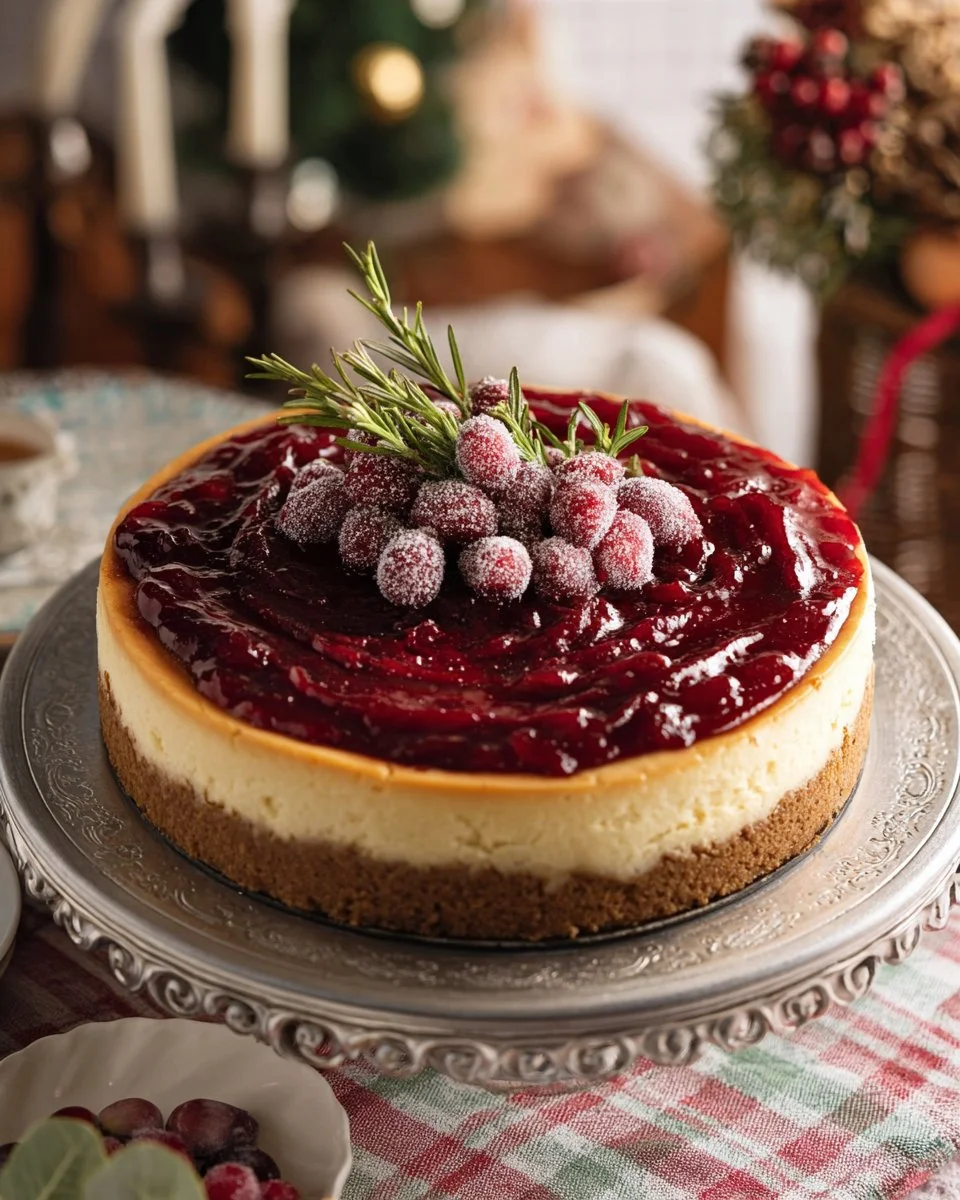 Cranberry Orange Cheesecake topped with fresh cranberries and orange zest