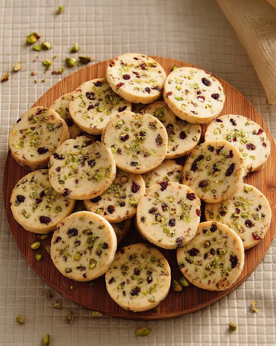 Plate of cranberry pistachio shortbread cookies with festive toppings