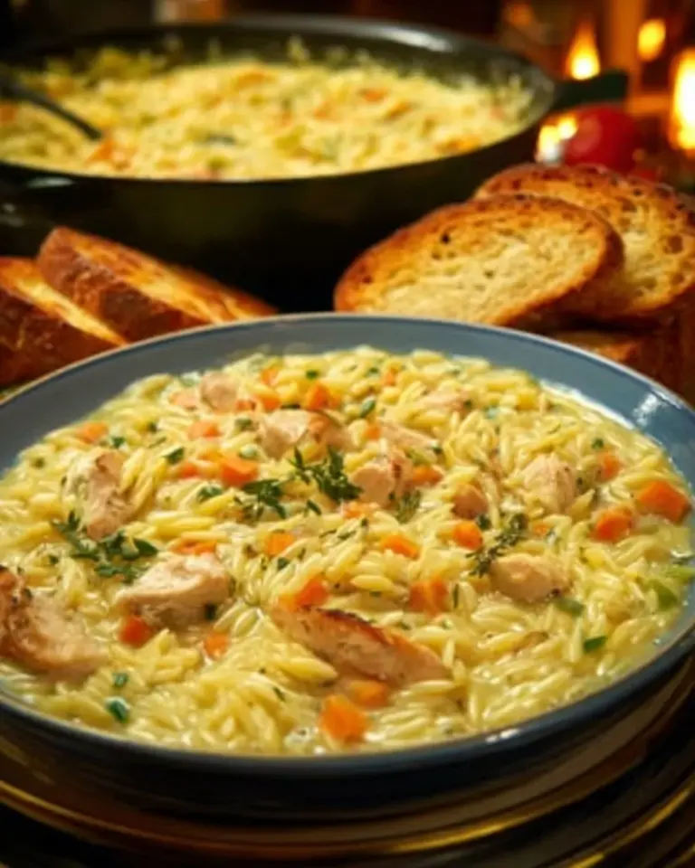 Creamy chicken pot pie orzo dish served in a bowl with fresh herbs.