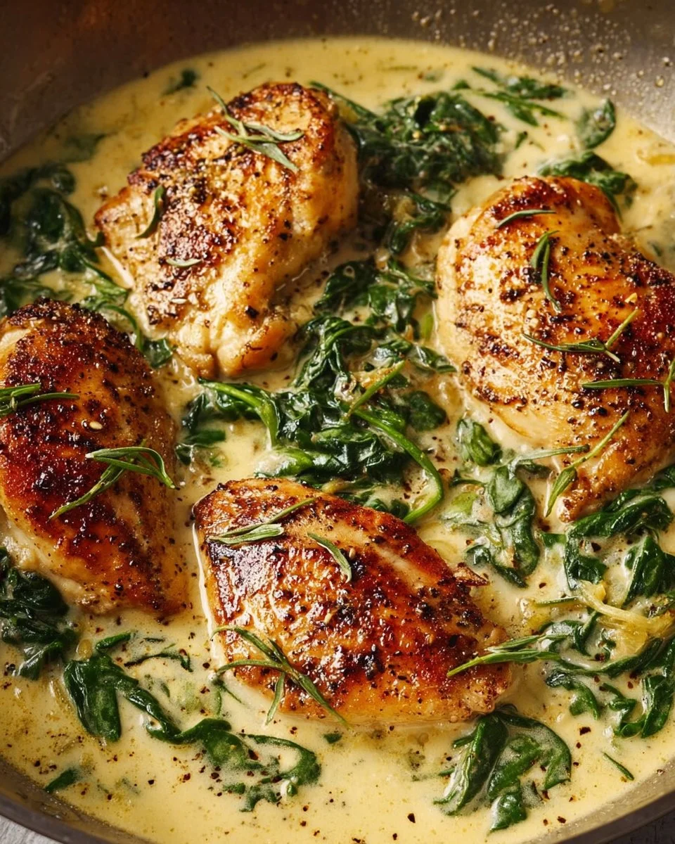 Delicious creamy Dijon chicken served on a plate with herbs and vegetables