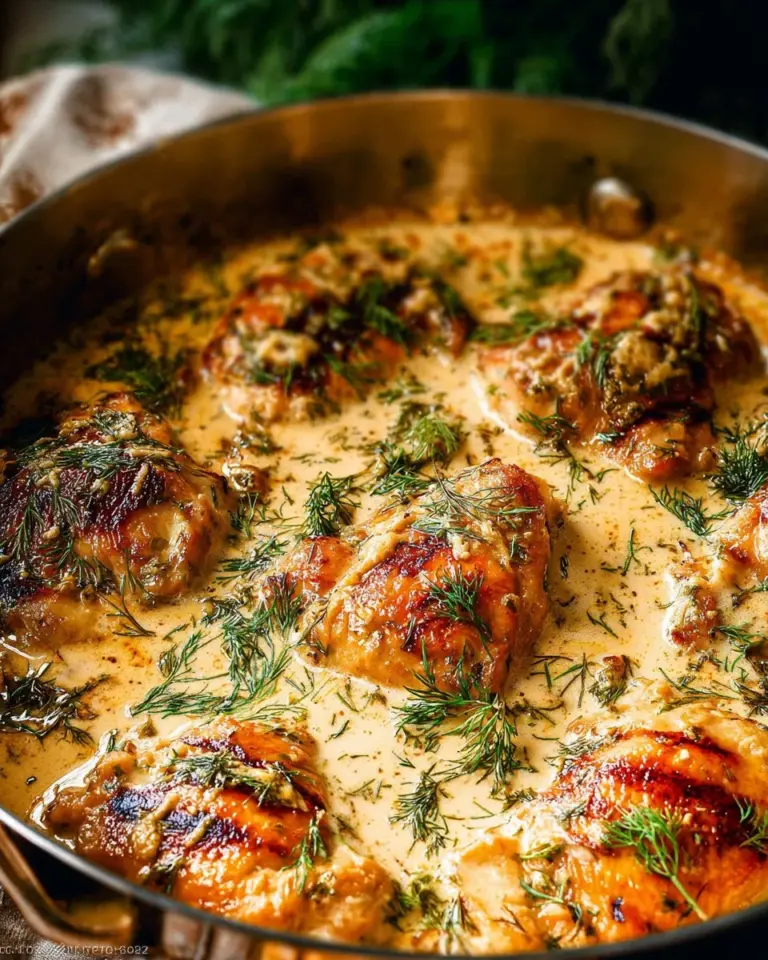 Delicious creamy oven baked chicken thighs served with herbs and spices