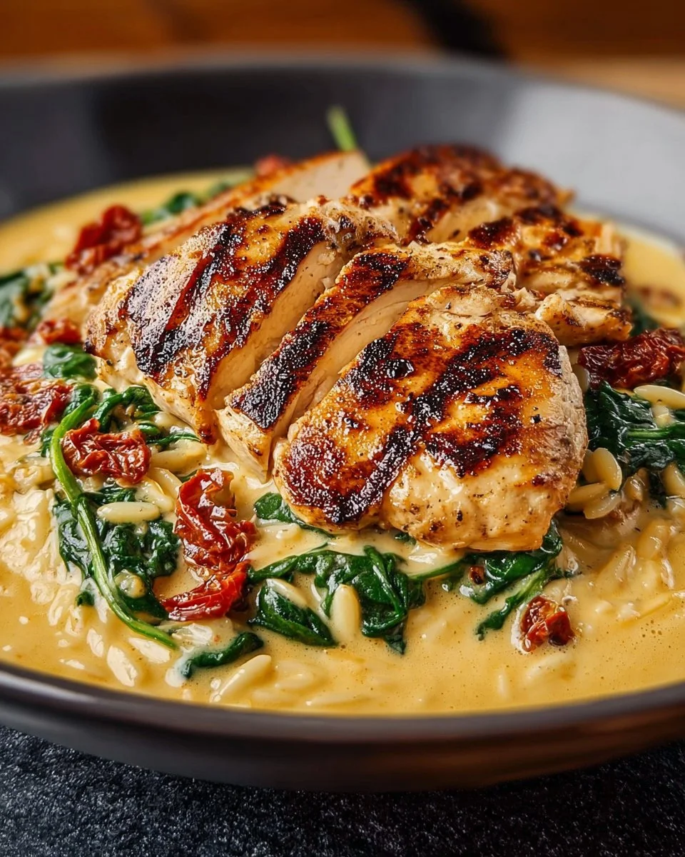 Creamy Tuscan Chicken Orzo with vibrant vegetables and herbs